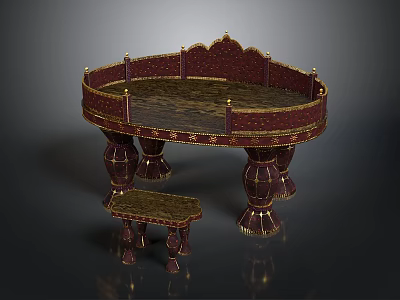 Elegant Semicircular Dark Red Furniture Table With Golden Accents Marble Top And Matching Stool 3d model