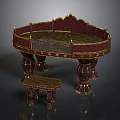 Elegant Semicircular Dark Red Furniture Table With Golden Accents Marble Top And Matching Stool