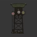 Wooden Watchtower With Green Roof Ladder Colorful Circular Decorations And Wooden Bucket At Base