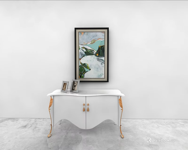 White Console Table With Golden Legs Handles Photo Frames On Top And Green Painting Above 3d model 