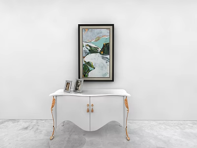 White Console Table With Golden Legs Handles Photo Frames On Top And Green Painting Above 3d model