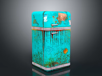 Vintage Turquoise Refrigerator With Dripping Distressed Finish And Retro Metallic Design 3d model