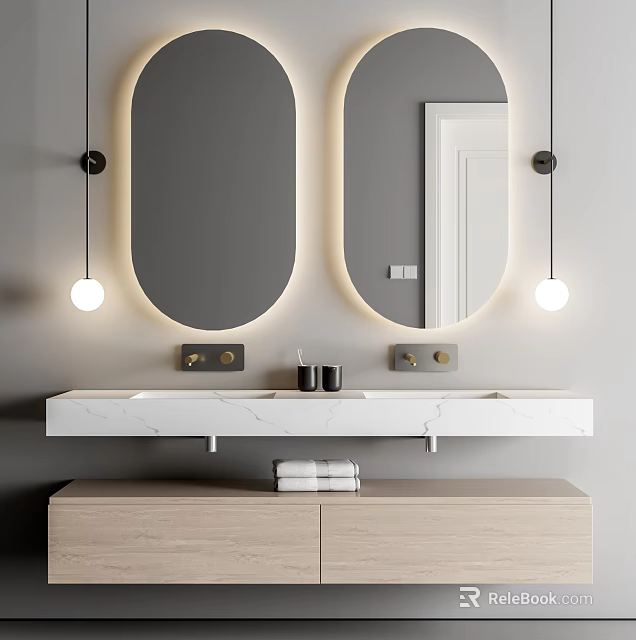Modern Bathroom Vanity With Double Oval Mirrors Backlit Marble Countertop Hanging Pendant Lights Wooden Cabinet 3d model 