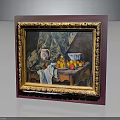 Classic Wooden Table in Gold Framed Still Life Painting with Fruits Vase and Cloth