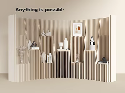 Wooden Curved Room Divider With Shelves For Decorative Vases And Photo Frame 3d model