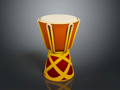 Traditional Djembe Drum With Orange Yellow Red Pattern And Light Colored Drumhead 3d model