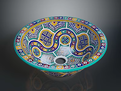 Colorful Hand Carved Ceramic Basin With Intricate Geometric Patterns And Vibrant Designs 3d model