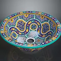 Colorful Hand Carved Ceramic Basin With Intricate Geometric Patterns And Vibrant Designs
