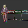 Electric Guitar And Three Black Amplifiers As Professional Music Performance Equipment