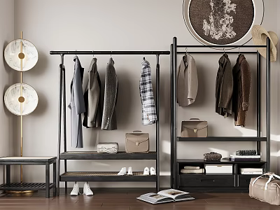 Open Style Wardrobe Interior with Hanging Coats Shirts Bags Shoes Drawers and Decorative Lamps 3d model