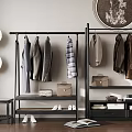 Open Style Wardrobe Interior with Hanging Coats Shirts Bags Shoes Drawers and Decorative Lamps