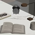 Open Book Coffee Mug Eyeglasses And Alarm Clock On Marble Tabletop 3d model