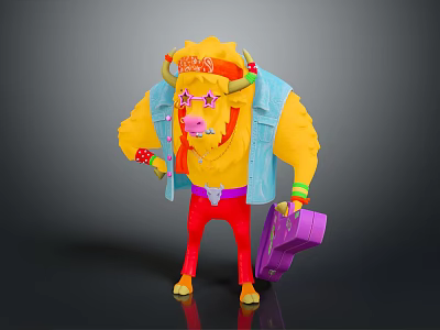 Anthropomorphic Yellow Boss Creature Wearing Blue Vest Red Pants Star Glasses Holding Purple Suitcase 3d model