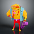Anthropomorphic Yellow Boss Creature Wearing Blue Vest Red Pants Star Glasses Holding Purple Suitcase