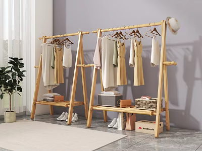 Wooden Freestanding Clothing Racks For Indoor Clothes Hanging And Storage 3d model