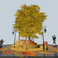 Vibrant Yellow Tree With Fallen Leaves Bench And Street Lamps Photo Check in Spot