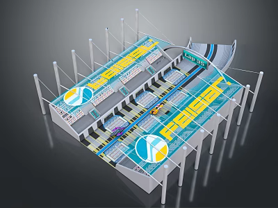 Modern Transportation Hub 3D Structure With Yellow Marked Areas Blue Signs White Pillars And Tracks 3d model