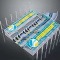 Modern Transportation Hub 3D Structure With Yellow Marked Areas Blue Signs White Pillars And Tracks