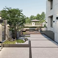 Courtyard Garden Design With Wooden Deck Outdoor Seating Green Plants And Sunshade Umbrella