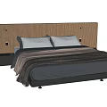 Modern Double Bed Frame Design With Wooden Striped Headboard Gray Bedding And Beige Throw Blanket