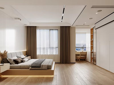 Elegant Modern Bedroom Interior With Wooden Bed Nightstand And Large Window Curtains 3d model