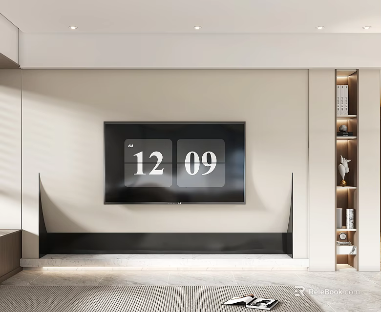 Modern TV Background Cabinet With Wall Mounted TV And Side Shelves In Living Room 3d model 