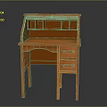 Orange Wooden Writing Desk With Open Top Shelves And Drawers