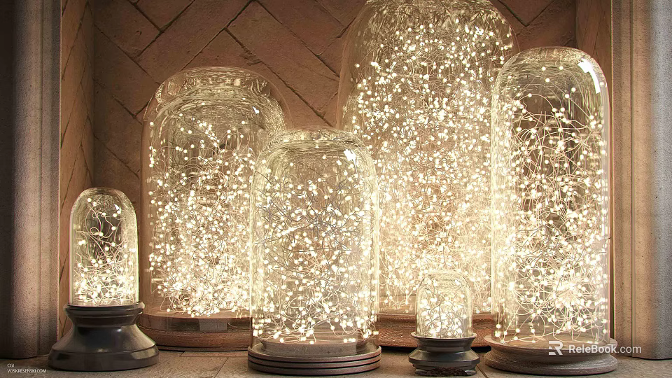 Illuminated Decorative Lights in Glass Domes with String Lights and Various Sizes 3d model 