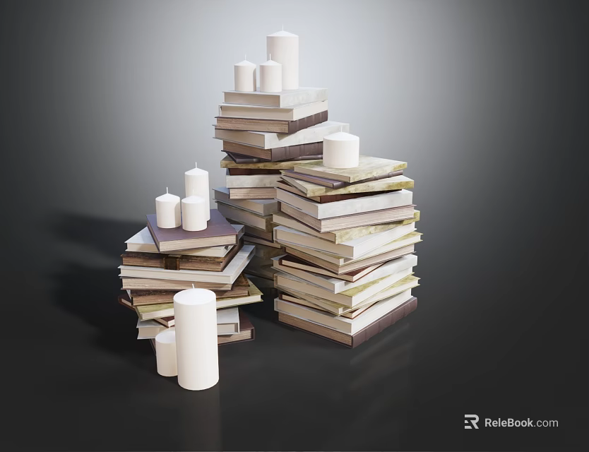 Creative Stacked Books Magazines With White Candles In Display Setup 3d model 