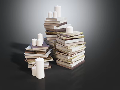 Creative Stacked Books Magazines With White Candles In Display Setup 3d model