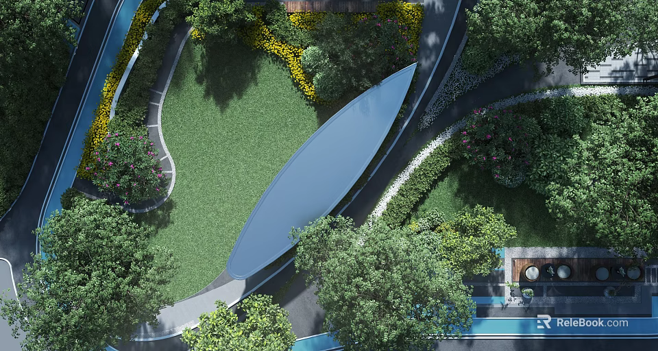 Aerial View Of Modern Residential Landscape With Lush Green Lawn Trees And Curved Pathways 3d model 