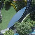 Aerial View Of Modern Residential Landscape With Lush Green Lawn Trees And Curved Pathways