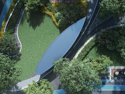 Aerial View Of Modern Residential Landscape With Lush Green Lawn Trees And Curved Pathways 3d model