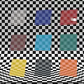 Nine Different Colored Squares Arranged On Black And White Checkerboard Background