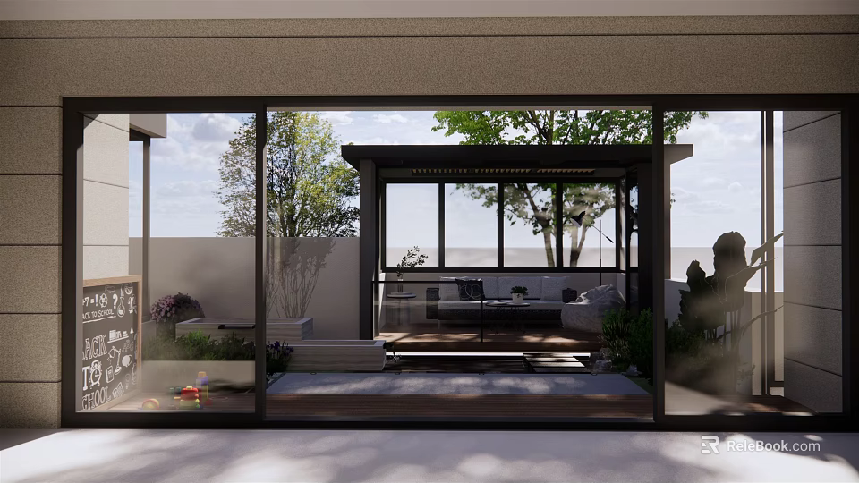 Modern Courtyard Garden Design With Glass Doors Pergola And Seating Area 3d model 