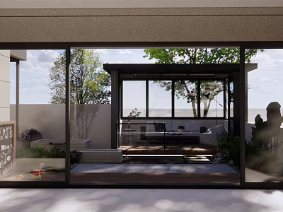 Modern Courtyard Garden Design With Glass Doors Pergola And Seating Area 3d model