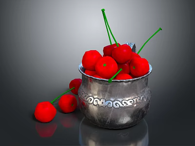 Fresh Ripe Red Cherries in Silver Decorative Container with Scattered Ones 3d model