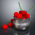 Fresh Ripe Red Cherries in Silver Decorative Container with Scattered Ones