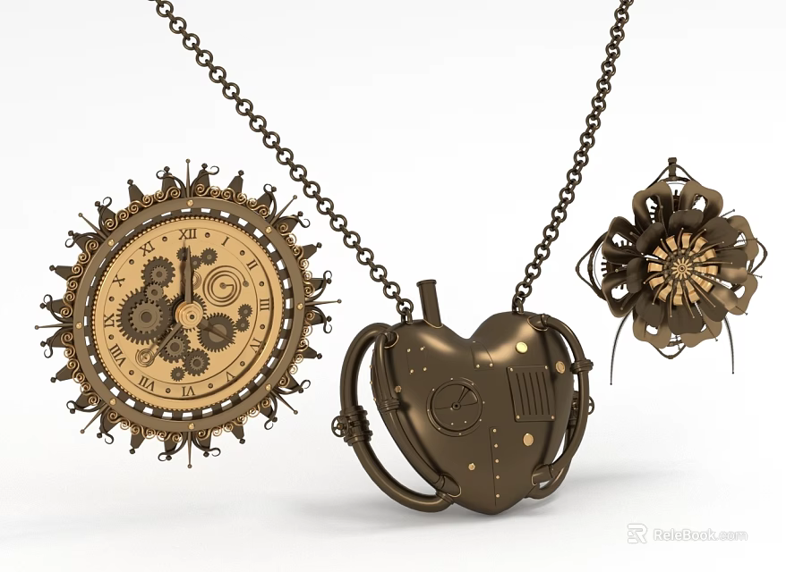 Unique Bronze Steampunk Necklace with Circular Gear Dial Heart Shaped Mechanical and Floral Gear Pendants 3d model 