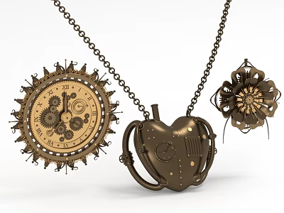 Unique Bronze Steampunk Necklace with Circular Gear Dial Heart Shaped Mechanical and Floral Gear Pendants 3d model