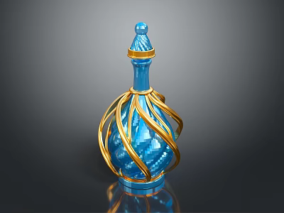 Elegant Blue Glass Bottle With Golden Twisted Decorative Elements And Reflective Surface 3d model