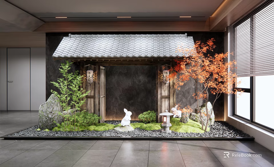Japanese Miniature Garden With Tiled Gateway Maple Tree Rabbit Statues Stones Moss And Stone Lantern 3d model 