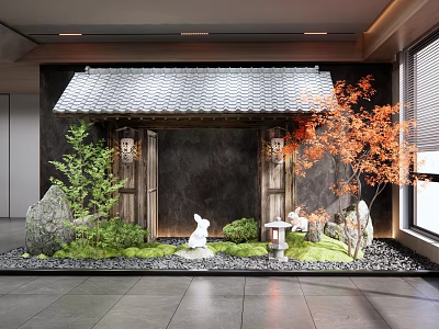 Japanese Miniature Garden With Tiled Gateway Maple Tree Rabbit Statues Stones Moss And Stone Lantern 3d model