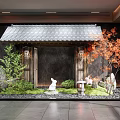 Japanese Miniature Garden With Tiled Gateway Maple Tree Rabbit Statues Stones Moss And Stone Lantern