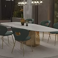 Modern Dining Room Interior With White Oval Table Green Chairs And Chandeliers