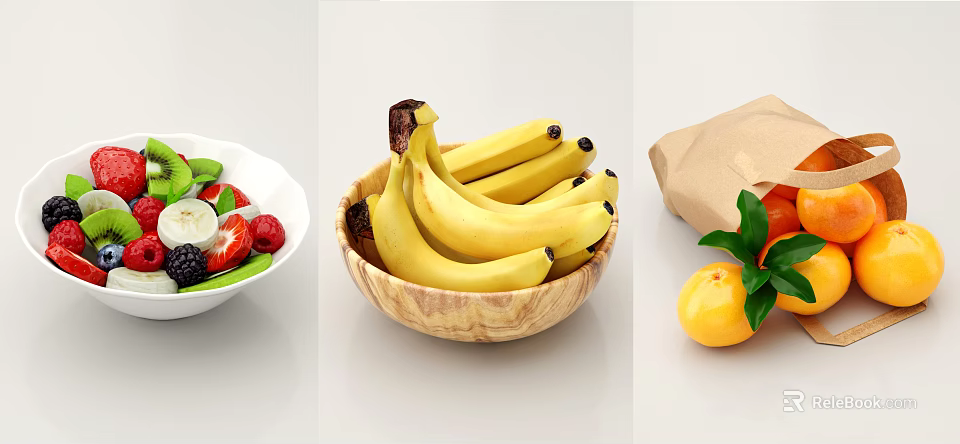 Fresh Assorted Fruits With Bananas In Wooden Bowl Mixed Berries And Orange 3d model 