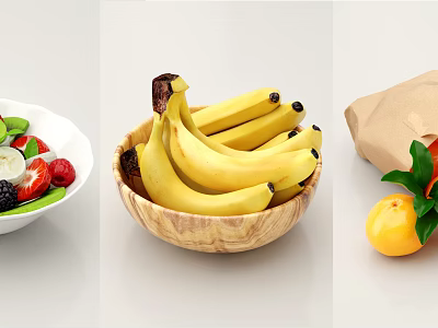 Fresh Assorted Fruits With Bananas In Wooden Bowl Mixed Berries And Orange 3d model