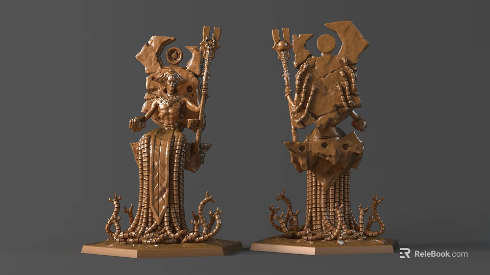 Intricate Mythical Sculpture Carving With Staff Serpent Base And Bronze Decorative Details 3d model 