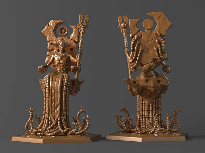 Intricate Mythical Sculpture Carving With Staff Serpent Base And Bronze Decorative Details 3d model