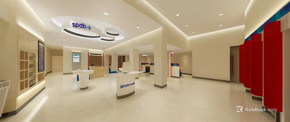 Modern SPDB Bank Reception Area With Front Desk And Bright Spacious Lobby Interior 3d model